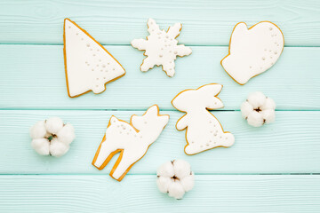 Homemade baked white Christmas cookies, top view. New Year background