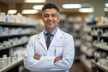 Fototapeta premium Happy Asian Indian male pharmacist standing in pharmacy