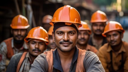 The hard-working Indian construction worker or worker looking at the camera wearing a hard hat
