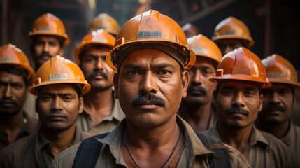 The hard-working Indian construction worker or worker looking at the camera wearing a hard hat