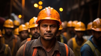 The hard-working Indian construction worker or worker looking at the camera wearing a hard hat