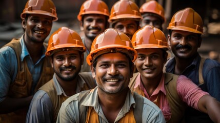 The hard-working Indian construction worker or worker looking at the camera wearing a hard hat