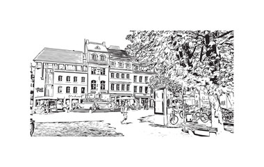 Building view with landmark of Saarbruck is the city in Germany. Hand drawn sketch illustration in vector.