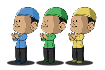 Hand drawn cartoon student muslim child couple holding quran