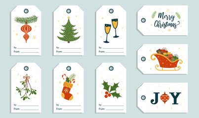 Set of Christmas gift tags. Labels with winter holidays illustration.	