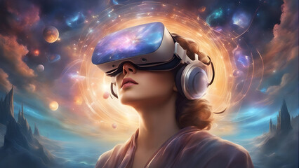 Woman wearing virtual reality headset, interacting seamlessly with digital elements in a futuristic metaverse. Generative AI