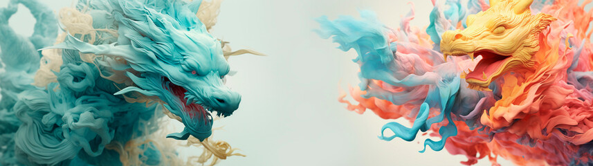 Dragons in dynamic movements. around the dragon orange and blue ink. - obrazy, fototapety, plakaty