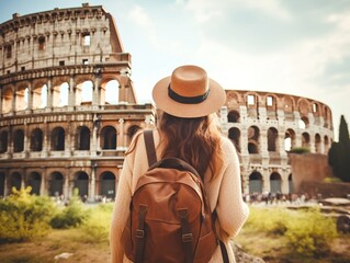 Young girl with backpack in a hat stands with her back and looks at the Colosseum in Rome in the sun.Travel Adventures. Close-up. Generative AI content