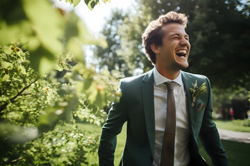 A Candid Snapshot of a Joyful Groom at an Outdoor Summer Wedding, Surrounded by the Beauty of Nature. His Authentic Happiness Radiates, Capturing the Essence of This Memorable Lifestyle Milestone