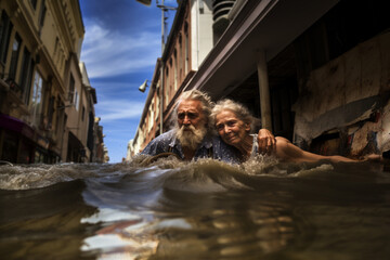 Desperate hugged elderly couple waiting for help in deep water after catastrophic flood caused by climate driven storms. 