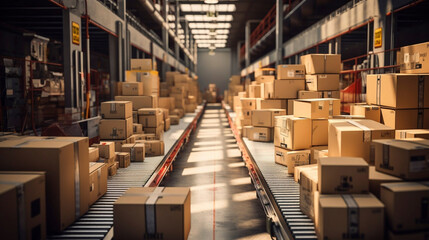 Obraz premium a photo of a post delivery service warehouse shelves filled with cardboard boxes and packages packets moving on a conveyor belt for sorting