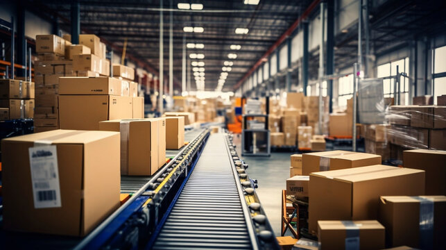 A Photo Of A Post Delivery Service Warehouse Shelves Filled With Cardboard Boxes And Packages Packets Moving On A Conveyor Belt For Sorting