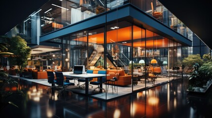 Fototapeta premium Blurred interior of a modern office workplace coworking space design with ornate partitions