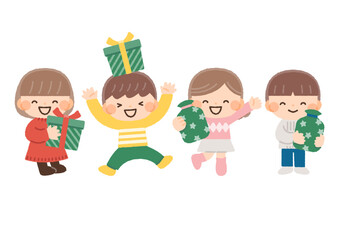 クリスマスのプレゼントを貰って喜ぶ子供達のイラスト素材セット