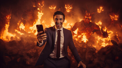 Lawyer  taking selfie shot while in hell after he sold his soul to the devil - obrazy, fototapety, plakaty