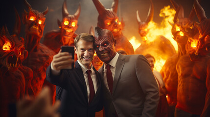 Making deals with the devil concept where a businessman or lawyer taking a selfie shot with the devil wearing a suit  in Hell - obrazy, fototapety, plakaty