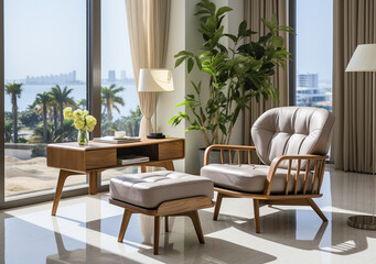 Fototapeta premium AI Generative. Interior design of modern and minimalist hotel, condo, apartment and home bedroom. Cozy living area. Chair and table. Clean and tidy. Comfortable and cozy.