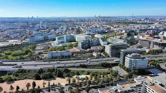 Paris: Aerial view of capital city of France, Saint-Denis commune in northern suburbs of Paris - landscape panorama of Europe from above