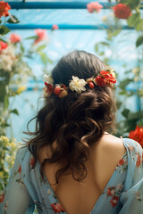 Portrait from the back of a brunette with flowers in his hair, white flowers