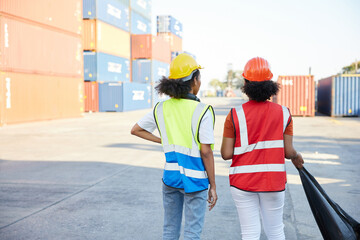 back female African factory workers or engineer holding garbage bag for clean up in containers warehouse storage