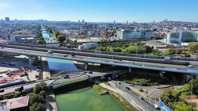 Paris: Aerial view of capital city of France, Saint-Denis commune in northern suburbs of Paris - landscape panorama of Europe from above