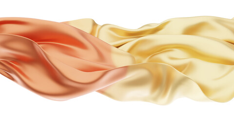 Beautiful flowing fabric flying in the wind. Orange and golden color wavy silk or satin. Abstract element for design. 3D rendering image. Image isolated on a transparent  background.