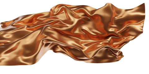 Flying Bronze silk textile fabric background. Smooth elegant golden Satin Isolated on Transparent  Background. bronze Fabric. studio 3d render