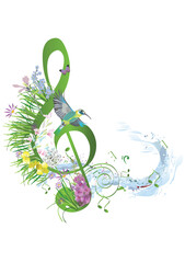 Abstract treble clef decorated with summer and spring flowers, palm leaves, notes, birds. Hand drawn musical vector illustration for t shirts, covers,  wallpaper, greeting cards, wall-art, invitations - 645407948