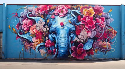  a mural of an elephant with flowers on it's head.  generative ai