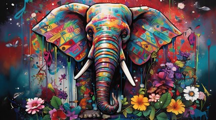  a painting of an elephant surrounded by flowers and music notes.  generative ai