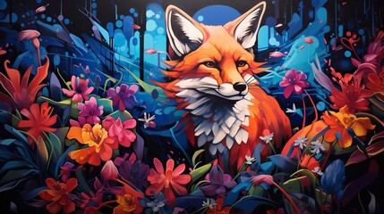  a painting of a red fox in a field of flowers.  generative ai