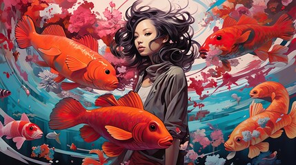  a painting of a woman surrounded by fish in a pond.  generative ai