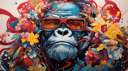  a painting of a gorilla wearing sunglasses and a flower crown.  generative ai