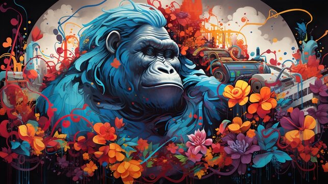  a painting of a gorilla with a car in the background.  generative ai