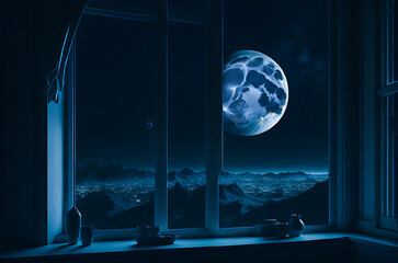 Moonlight drop through the window . beautiful full moon night