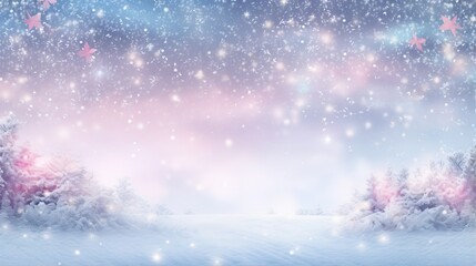 Fototapeta na wymiar a winter scene with snow falling and stars in the sky. generative ai