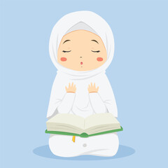 Muslim girl reading Quran character vector. cute Muslim girl in white clothes praying with her hands raised, Quran on her lap.
