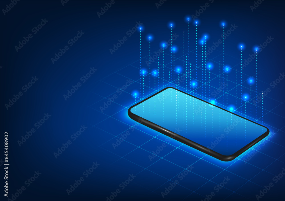 Poster smartphone technology in front of the mobile screen there are lines that are stacked on top of each 
