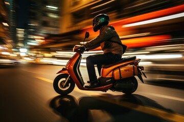 A man on a scooter rides a night city.