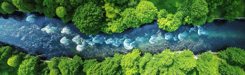 A rocky river in the middle of a forest. Aerial view of river reflecting sky, amid lush green landscape, aerial view. Top view of a mountain river in the forest. wide panoramic view