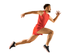 An athletic young man in red is running