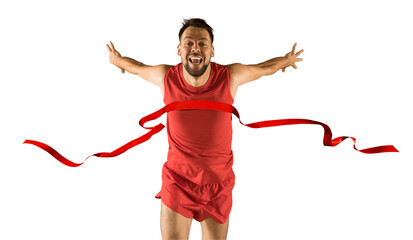 The runner wins by crossing the finish line ribbon on a white background - obrazy, fototapety, plakaty