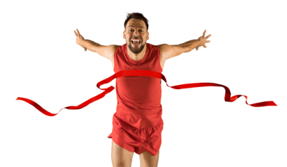 The runner wins by crossing the finish line ribbon on a white background