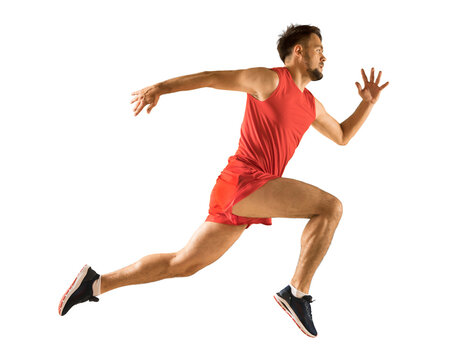 An athletic young man in red is running