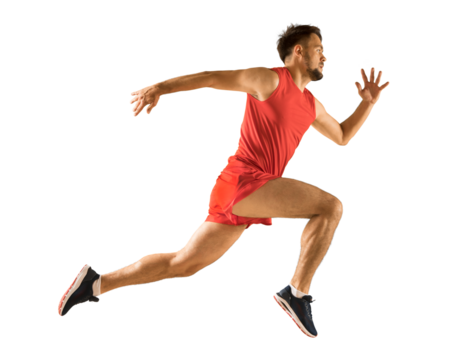 An athletic young man in red is running