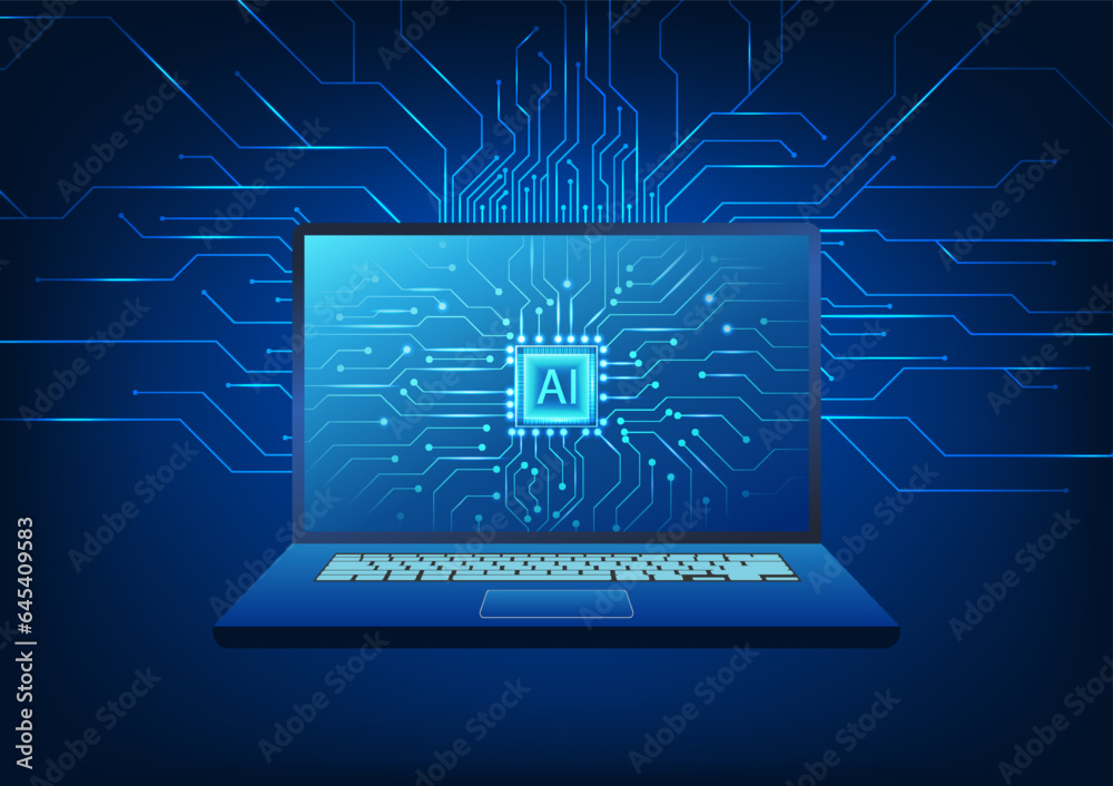 Poster artificial intelligence technology is present in the notebook. behind the screen is a technology cir