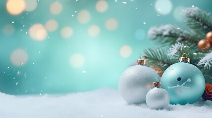 Naklejka na ściany i meble three christmas ornaments sitting in the snow next to a christmas tree. generative ai