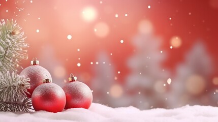 Fototapeta na wymiar three red christmas balls sitting on top of a snow covered ground. generative ai