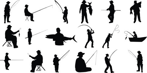 Set of fisherman vector silhouettes, isolated on white background
