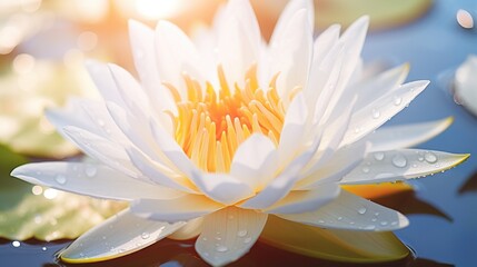  a white water lily with water droplets on it's petals.  generative ai